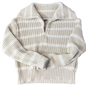 American Eagle Cropped Sweater Womens XS Cream White Stripe‎ Rib Knit Turtleneck